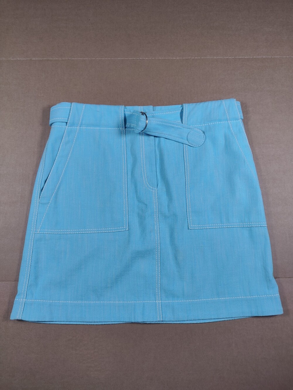 Akris Punto Women Turquoise Blue Belted Cotton Denim Stretch Skirt Size 14